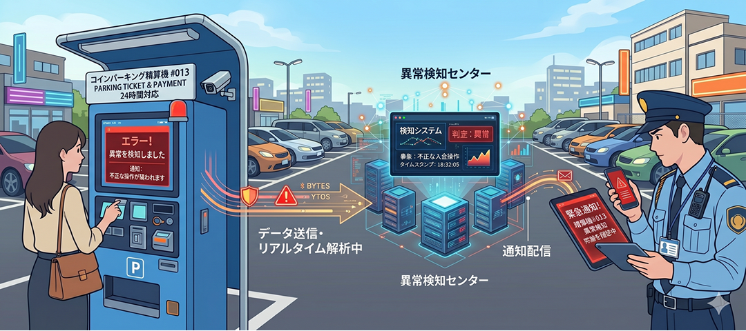 異常検知フローのシーン写真（精算機のアップ、通知画面など）