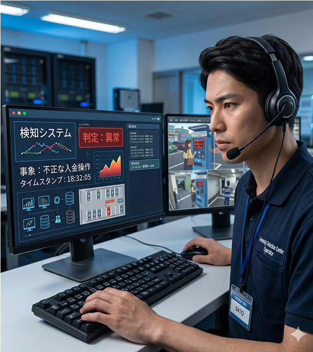 ヘッドセットをしてPC操作するコールセンターオペレーターの写真