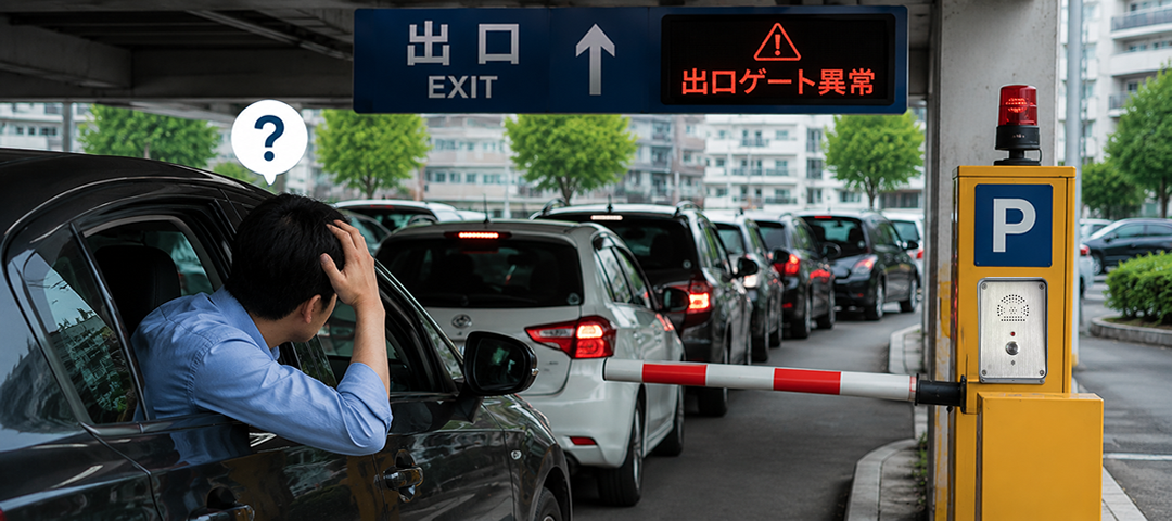 駐車場出口での車列渋滞・利用者の困惑イメージ