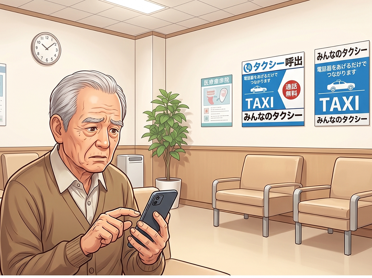 スマートフォンの操作に戸惑う高齢者のイラスト
