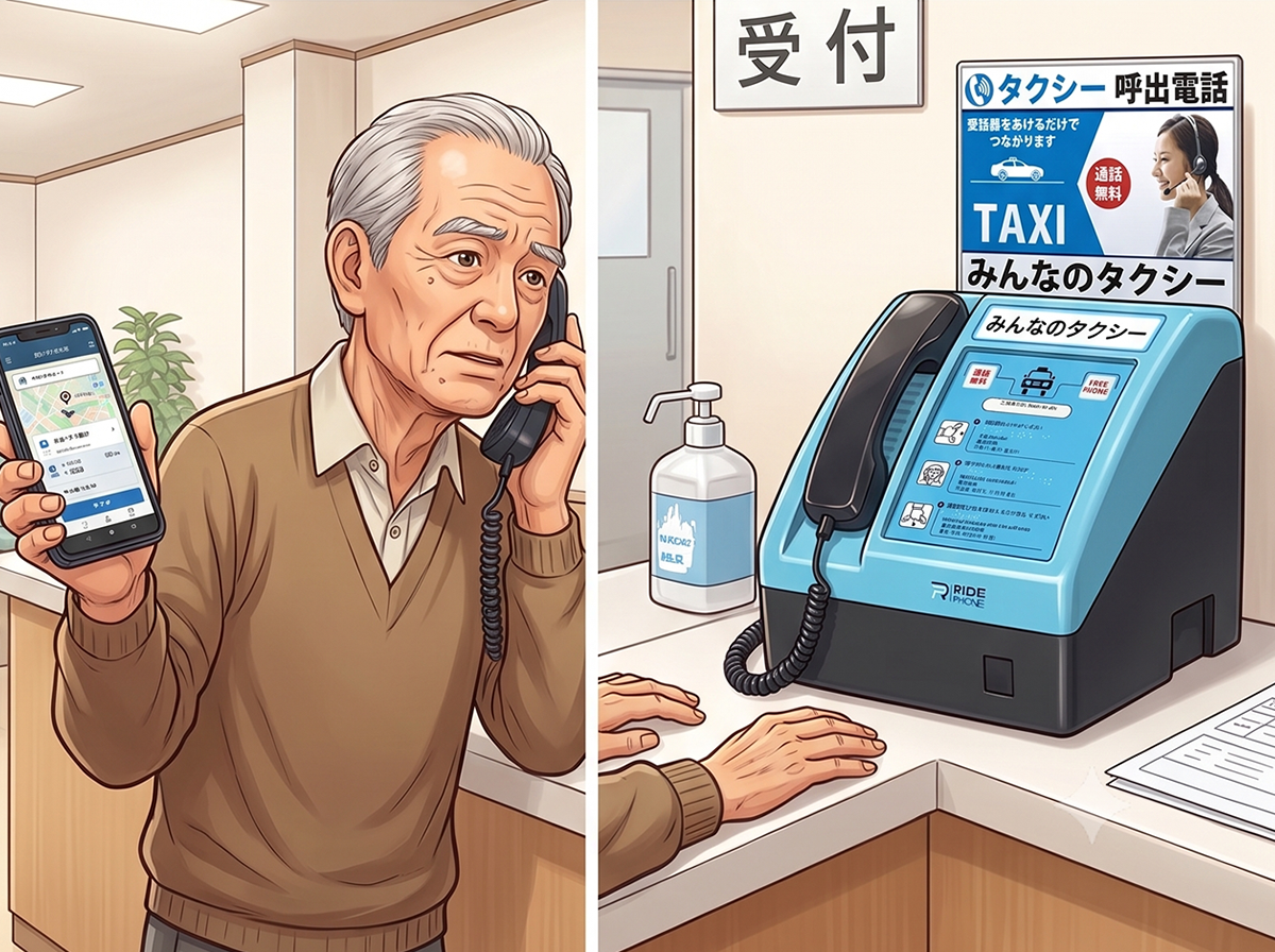 RidePhoneのボタンを押して安心する高齢者のイラスト
